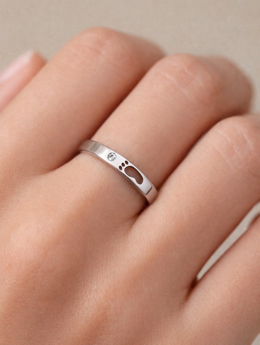 925 New April Birthstone Silver Footprint Ring and CZ Size 8.5